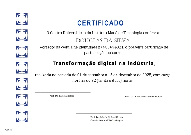 Modelo do certificado de especialização emitido pelo Instituto Mauá de Tecnologia