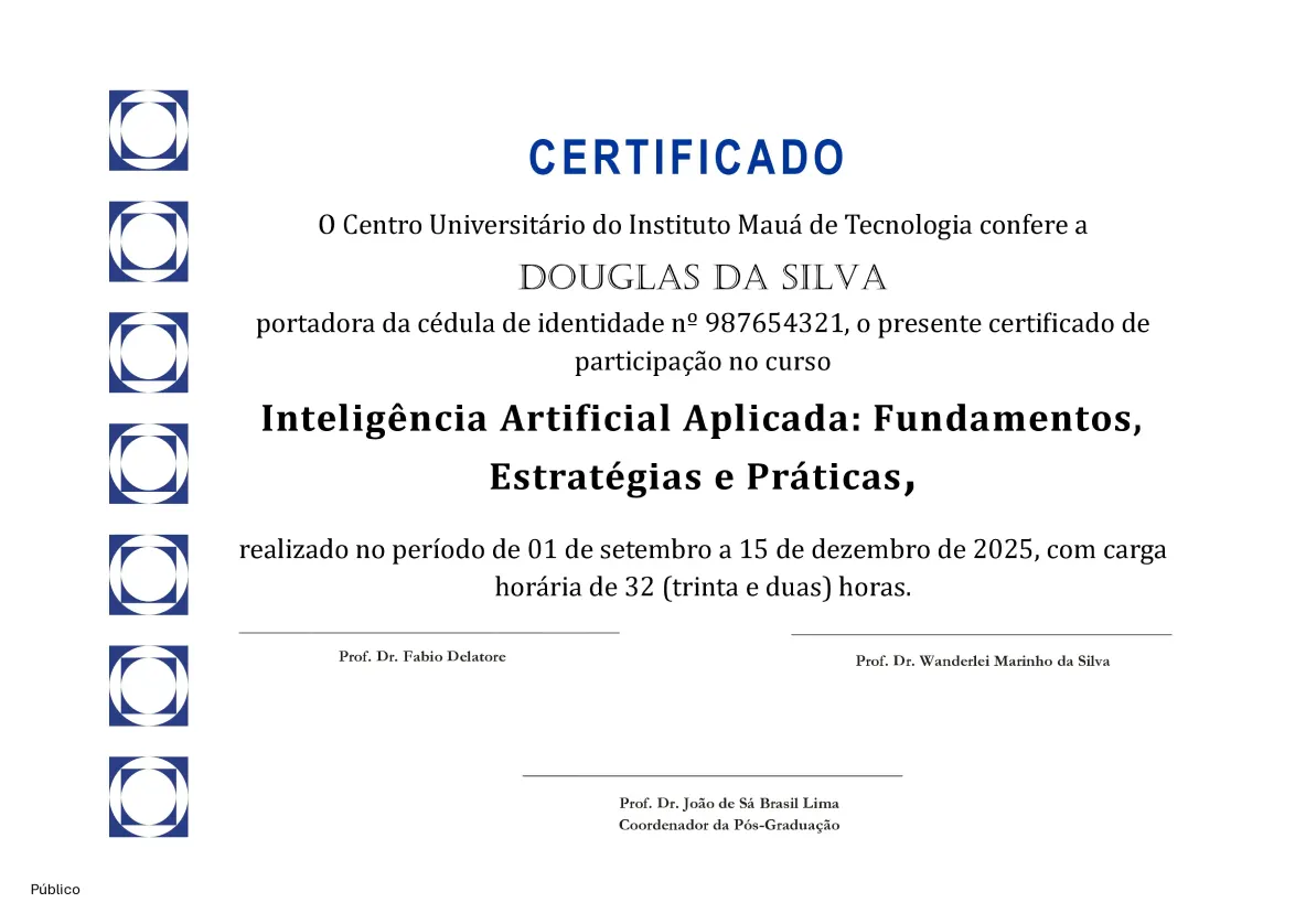 Modelo do certificado do curso de Inteligência Artificial Aplicada