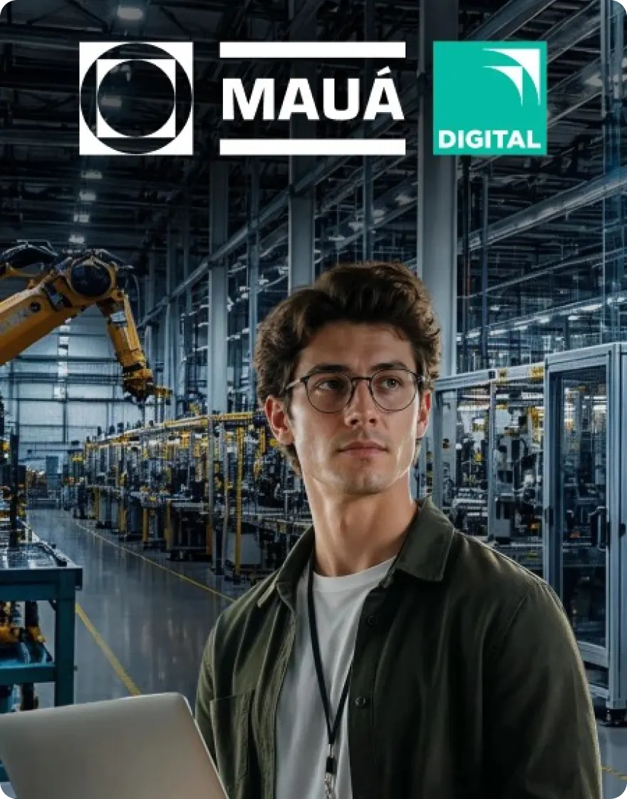 Jovem profissional de óculos numa linha de produção automatizada