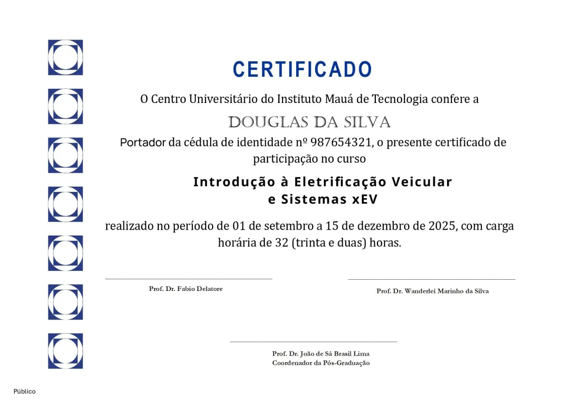 Modelo do certificado do curso de Introdução à Eletrificação Veicular e Sistemas xEV