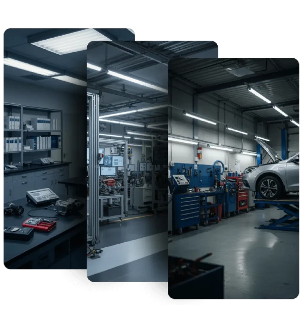 Três fotos de oficinas e laboratórios de veículos elétricos
