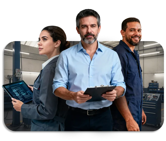 Três profissionais da indústria: uma engenheira com um tablet, um gestor com uma prancheta e um técnico de uniforme